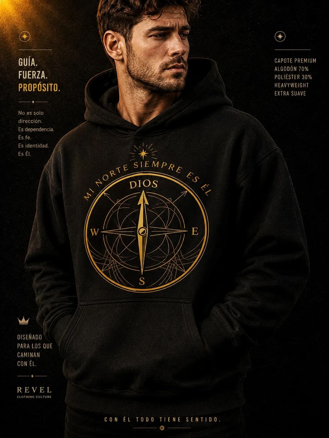 Hoodie SHADDAI · Mateo 5:14, negro, vista frontal en modelo